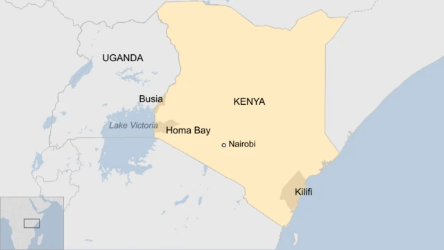 Ikarita ya Kenya yerekana uduce twa Busia na Homa Bay mu burengerazuba hamwe n'agace ka Kilifi mu burasirazuba.