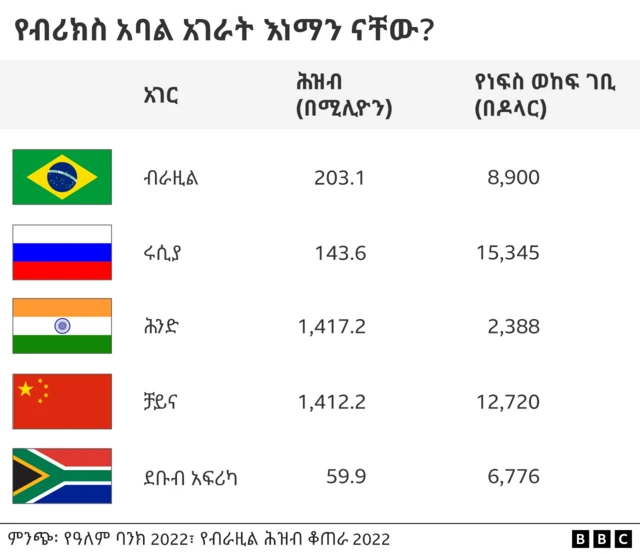 የብሪክስ ቀዳሚ አባል አገራት፣ የሕዝብ ብዛት እና የነፍስ ወከፍ ገቢ 
