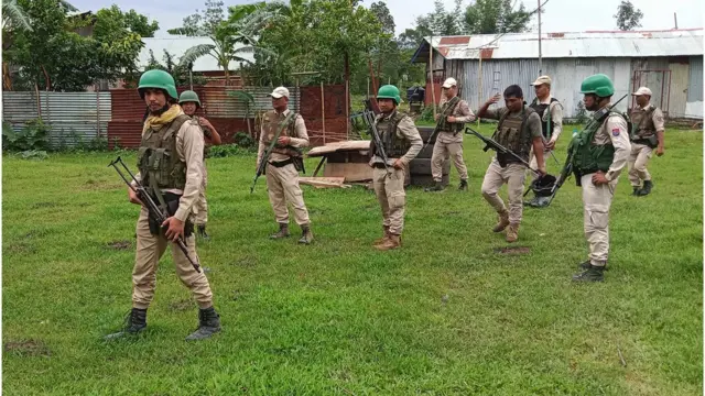 Indian army and police personnel patrol after a fresh incident in Imphal West district on 20 June, 2023, during ethnic violence in India's north-eastern Manipur state.