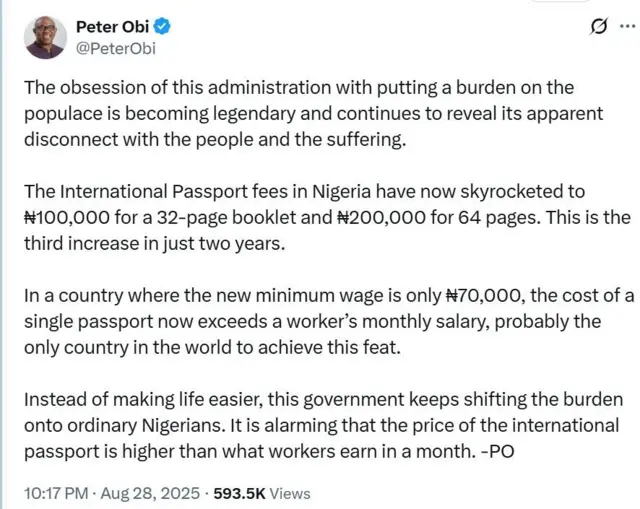 Atẹjade Peter Obi loju opo X rẹ nibi to ti bu ẹnu lu atikun owo iwe irinna