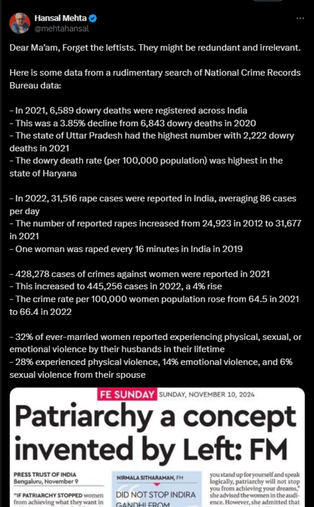 चित्रपट निर्माता आणि दिग्दर्शक हंसल मेहता यांनी 'एक्स'वर पोस्ट करून महिला सुरक्षेचा मुद्दा उपस्थित केला.