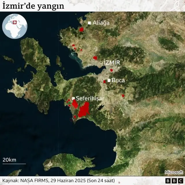 29 Haziran 2025 itibarıyla İzmir'deki yangınları gösteren harita