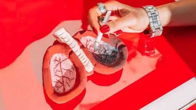 ਸਿਗਰਟ ਬੁਝਾਉਣ ਵਾਲੀ ਟਰੇ ਹੈ ਜੋ ਫੇਫੜਿਆਂ ਦੇ ਅਕਾਰ ਦੀ ਹੈ। ਉਸ ਵਿੱਚ ਇੱਕ ਔਰਤ ਦਾ ਹੱਥ ਸਿਗਰਟ ਨੂੰ ਬੁਝਾਉਂਦਾ ਦਿਖਾਇਆ ਗਿਆ ਹੈ। ਤਸਵੀਰ ਦਾ ਮੁੱਖ ਰੰਗ ਲਾਲ ਹੈ।