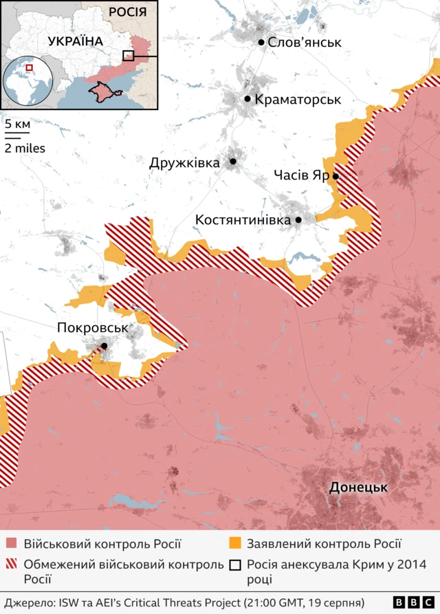 Мапа східної частини України, де позначені окуповані території