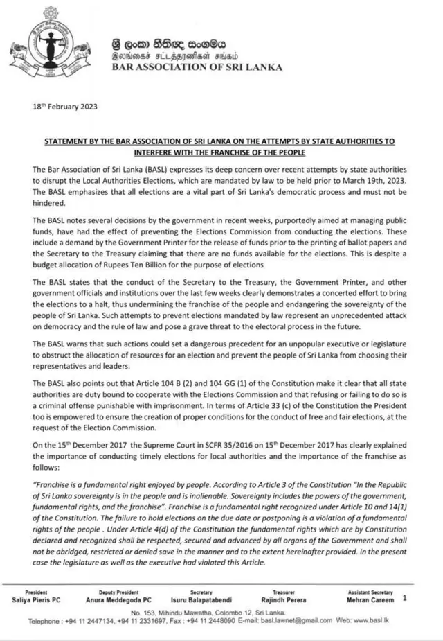 මැතිවරණය පැවැත්වීම සඳහා මුදල් ලබාදීම සහතික කිරීම රජයේ පරිශුද්ධ යුතුකමක් - ශ්රී ලංකා නීතිඥ සංගමය