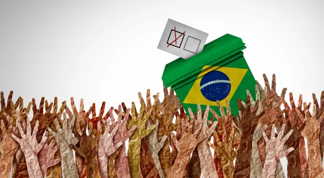 Ilustração em 3D com referência a eleitores no Brasil - mãos levantadas para o alto, com uma urna pintada com a bandeira brasileira e voto sendo depositado 