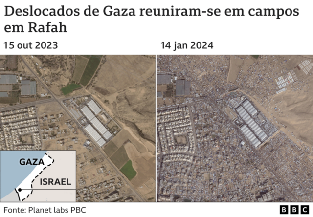 Colagem de 2 imagens de satélite mostra a diferença na ocupação de Rafah em 15 de outubro de 2023 versus 14 de janeiro de 2024