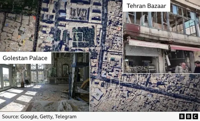 نقشه هوایی و دو تصویر از کاخ گلستان آسیب‌دیده و بازار قدیم تهران