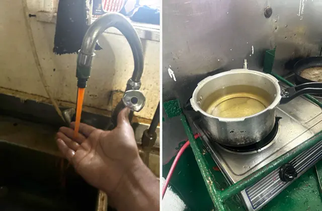 Brown water pours out of a tap in the left hand image and diesel-contaminated water is boiled in a pot in the image on the right