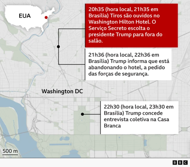 Mapa de Washington com a localização do hotel Washington Hilton e da Casa Branca e a descrição dos eventos de sábado, 25 de abril de 2026