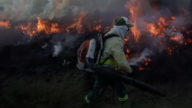 Brigadista portando um assoprador caminha em meio a chamas