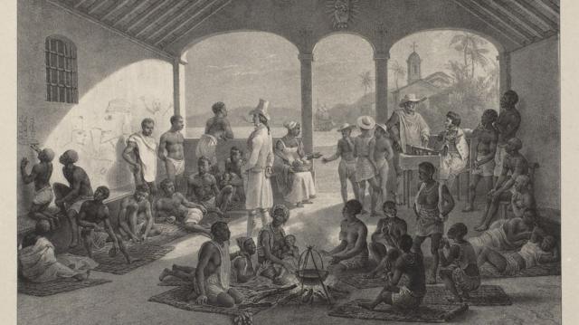 Pintura mostra um mercado de escravizados no século 19