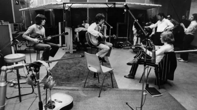 Rock group the Rolling Stones during the filming of Sympathy For the Devi