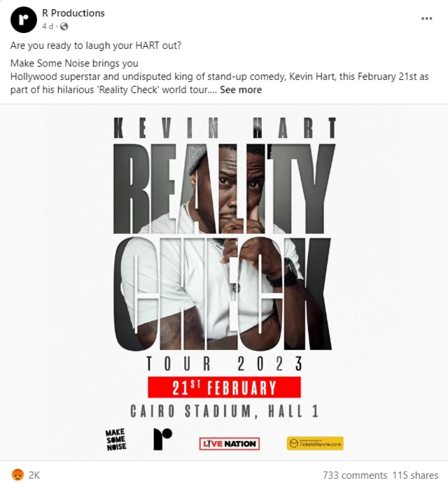 منشور شركة آر برودكشن على فيسبوك حول حفل كيفن هارت