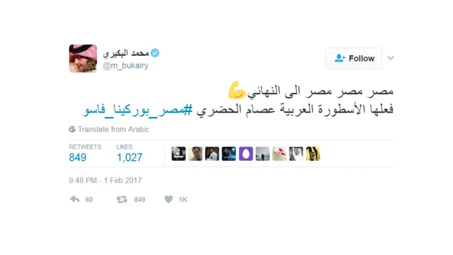 تغريدة: "مصر مصر مصر إلى النهائي. فعلها الأسطورة العربية عصام الحضري"