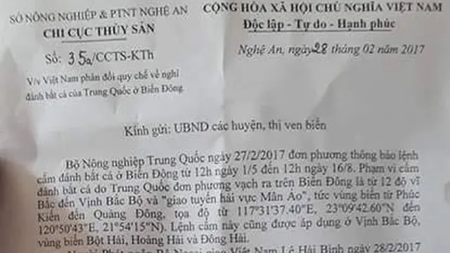 Văn bản của Chi cục Thủy sản Nghệ An về lệnh cấm bắt cá của Trung Quốc ở Biển Đông ngày 28/2