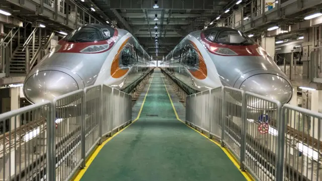 于广深港高铁香港石岗侧线停靠的港铁高铁列车（资料图片）