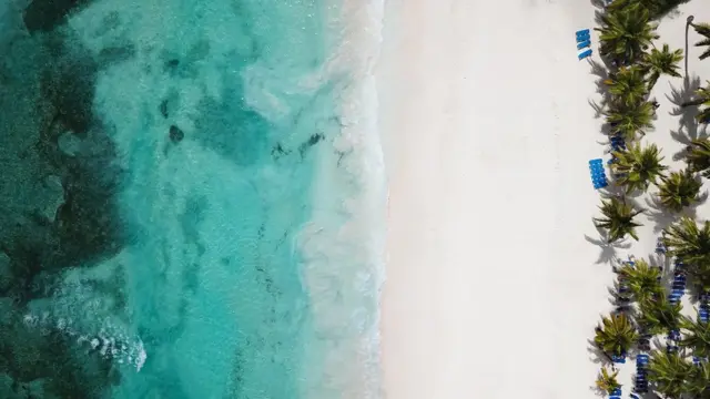 Top view of beautiful white sand beach with turquoise sea water and palm trees, aerial drone shot. Nature background