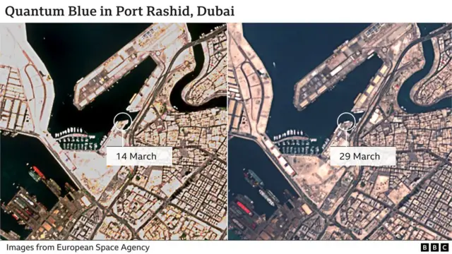 Two satellite maps, one showing the port in Dubai before Quantum Blue arrive, and one afterwards