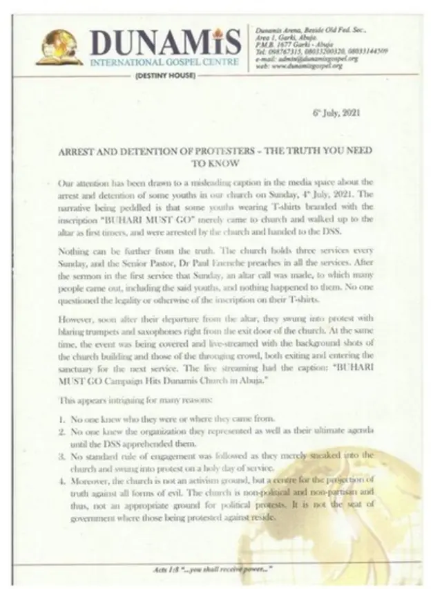 Statement from Dunamis church