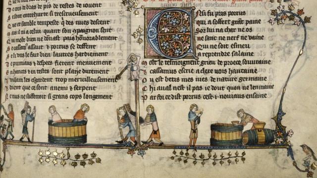 Hermosa ilustración de la elaboración del vino de un manuscrito iluminado flamenco del siglo XIV, donde los medidores usaban los números cistercienses.