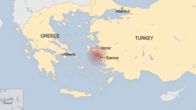 強い地震の被害を受けたトルコ・イズミル(Izmir)とギリシャ・サモス島(Samos)の位置