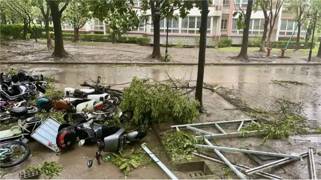 上海某居民小区在台风“贝碧嘉”通过后满地被吹翻的摩托车和树木断枝、招牌支架（16/9/2024）