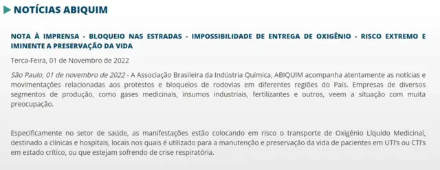 Reprodução da nota sobre 'risco extremo iminente à preservação da vida' divulgada pela Abiquim