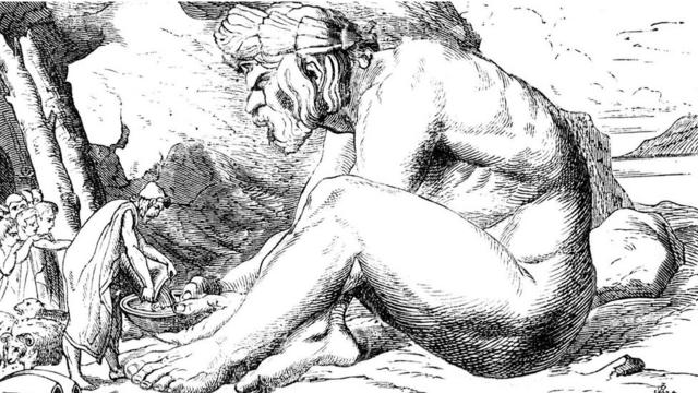 Una ilustración de Polifemo ý unos humanos
