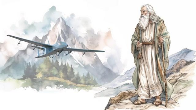 Акварельный рисунок - средневековый старец на фоне гор и беспилотника