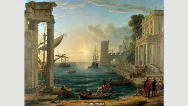 在法国17世纪画家洛林（Claude Lorrain）1648年的作品《海港和示巴女王登船》（Seaport with the Embarkation of the Queen of Sheba）中，这位来自埃塞俄比亚的女王也是白皮肤（Credit: Getty Images）