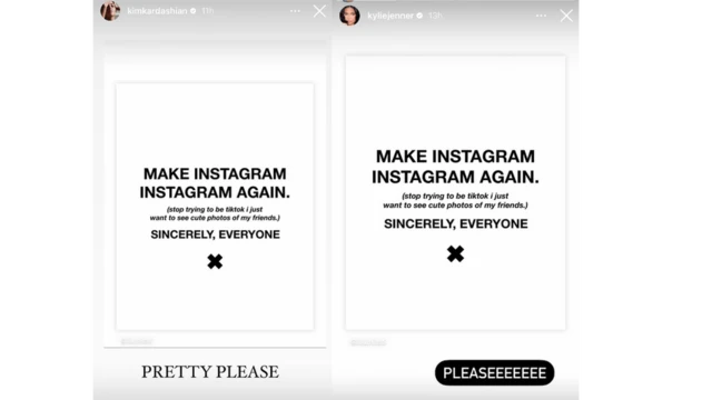 Screenshots of posts shared on Kim Kardashian and Kylie Jenners' Instagram Stories