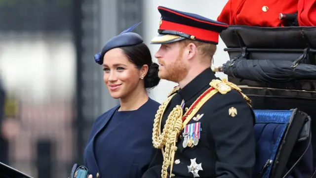 Meghan, Duchess of Sussex and Prince Harry, Duke of Sussex arrive at Trooping The Colour, the Queen"s annual birthday parade, on June 08, 2019
