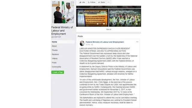 Na facebook wey dey invite resident doctors for Nigeria for meeting on to say dem dey on strike