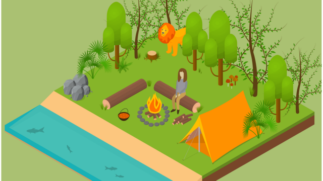 Ilustración isométrica de una mujer acampando en la selva.