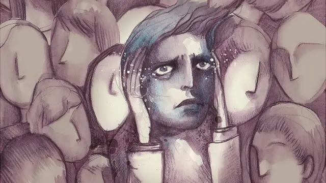 Ilustración de un chico en multitud