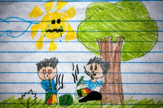Uno de los dibujos de los niños del Centro Educativo Dr. Bloem en Sacoj Mixco y la escuela oficial del asentamiento La Paz en Villa Nueva de Guatemala sobre violencia.
