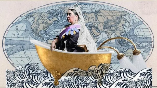ਬਾਥਟੱਬ ਵਿੱਚ ਬੈਠੀ ਮਹਾਰਾਣੀ ਵਿਕੋਰੀਆ ਤੇ ਪਿਛੋਕੜ ਵਿੱਚ ਦੁਨੀਆਂ ਦਾ ਨਕਸ਼ਾ।