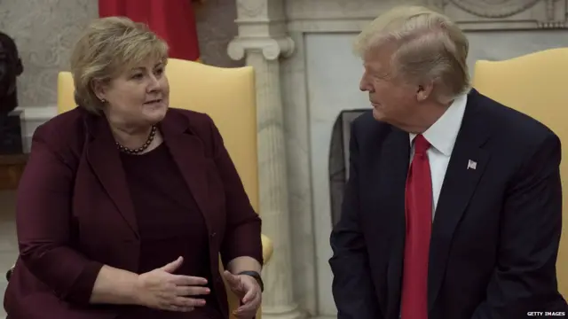 नॉर्वेच्या पंतप्रधानांबरोबर अमेरिकन राष्ट्राध्यक्ष ट्रंप.