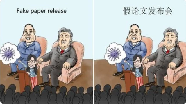 Cartoon depicting Steve Bannon and Guo Wengui sitting on sofas while Li Meng Yang speaks at a podium with a speech bubble showing a coronavirus. Writing at the top says "Fake paper release" in English and Mandarin.