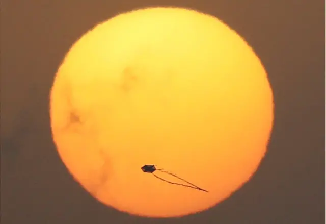 Un cerf-volant planant dans les airs se profile contre un soleil bas et plein.