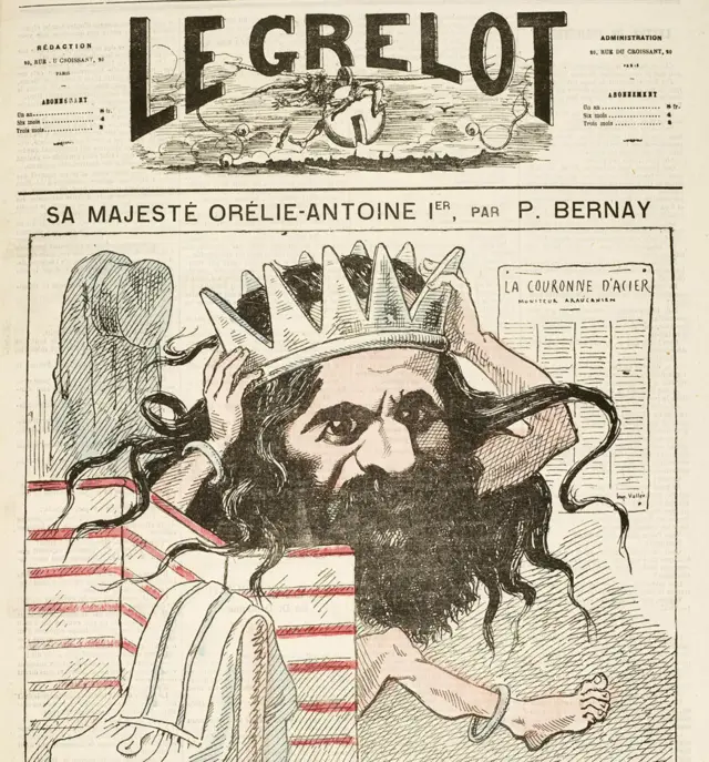 Un diario de 1872 con una caricatura del "rey" Tounens.