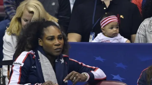 Serena Williams and her daughter dey watch di Fed Cup action