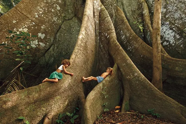 Ribeirinhos do rio Jufari brincam nas raízes da Sumaúma. Amazonas, 2016