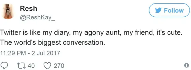 "Twitter es como mi diario, mi tía, mi amiga, es tan lindo. La conversación más grande del mundo", dice el tuit de Resham Khan.