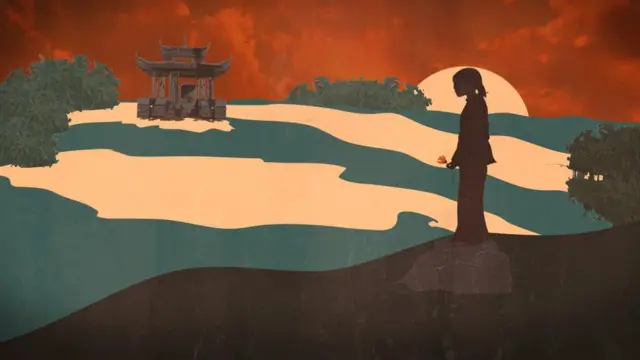 Illustration de una niña y una pagoda