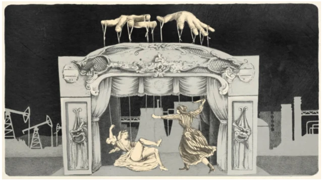 Aktörleri kontrol eden kuklacı resmi.