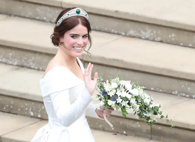 Princess Eugenie arrives for her wedding to Jack Brooksbank at St George"s Chapel