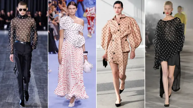 Composite image of models wearing designs by Saint Laurent, Balmain, Carolina Herrera and Undercover