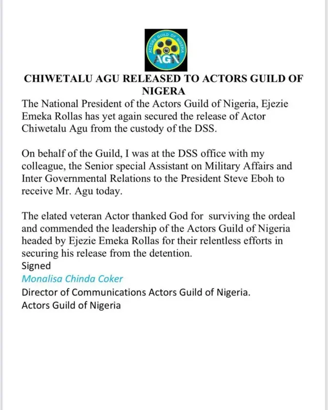 Chiwetalu Agu arrest: DSS release Nollywood Chiwetalu Agu to Actors Guild of Nigeria